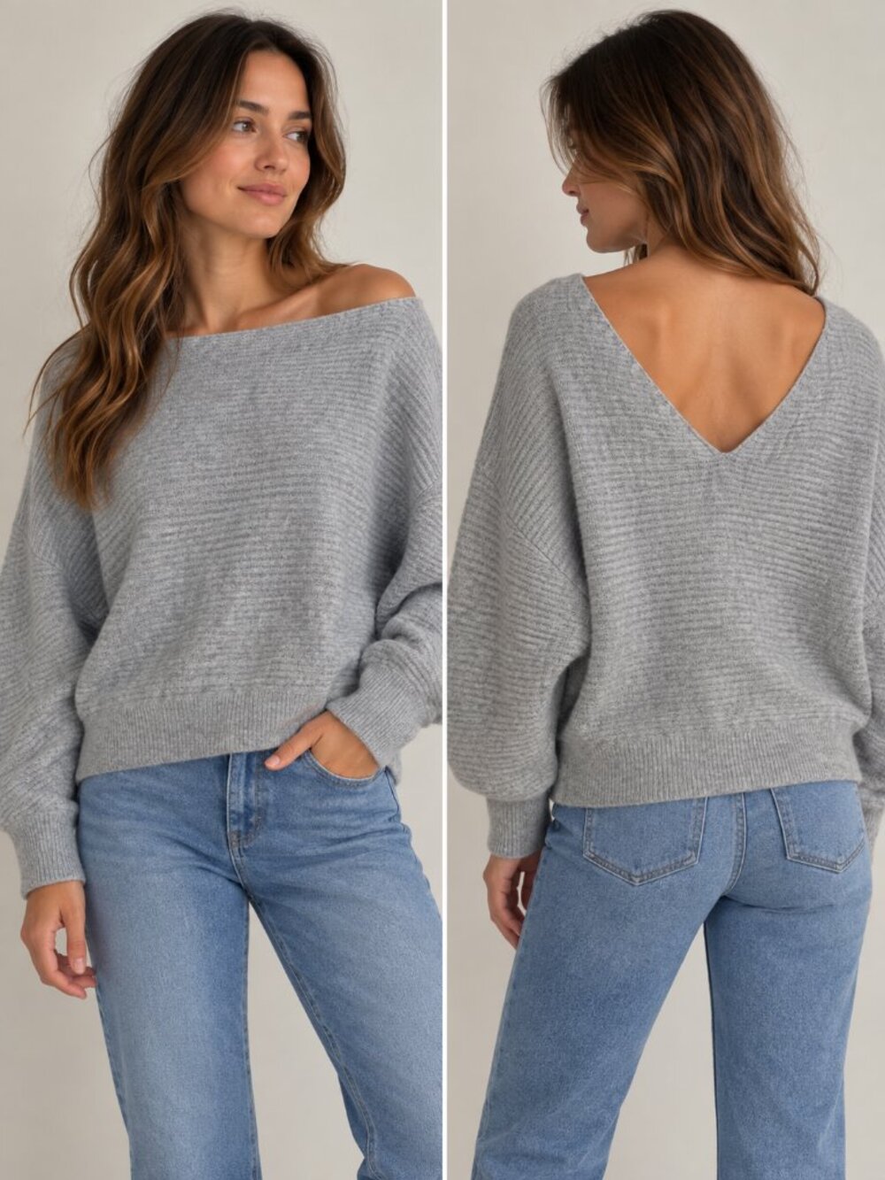 Divided by H&M Gray Fuzzy Knit V-Neck Sweater Size L Wool Blend